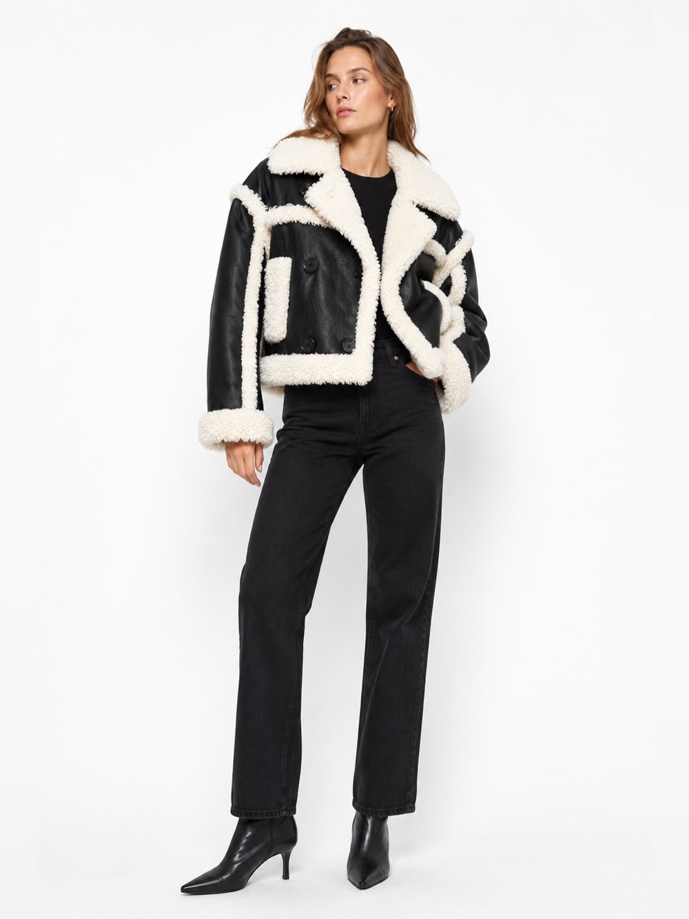 NWT STAND STUDIO Kristy Oversized Faux Shearling Jacket Black White 34